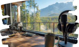 Podcast setup overlooking the great canadian landscape