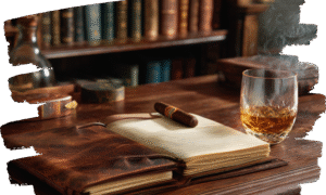 Book with cigar and whiskey drink