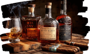 lineup of whiskeys and cigars